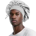Detail of silver satin sleep bonnet with wide elastic band and woven rope accents - One Size / Gray
