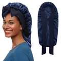 Detail of dark blue satin long hair bonnet with wide elastic ribbon and large bow design - Navy Blue