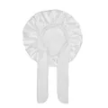 Detail of white satin kids sleep cap featuring long adjustable ribbons and silky texture - White