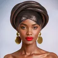 Detail of metallic coffee-toned Gele headtie with shimmering textured fabric and gold earrings - Coffee