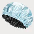 Detail view of double-layer satin sleep bonnet in light blue and black with elastic band - Light Blue + Black