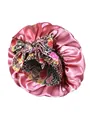 Detail of satin bonnet featuring wide leopard floral bow and elasticated edge for hair care - One Size / Color Block Leopard Floral Style / Dusty Rose