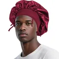 Detail of burgundy satin hair bonnet for men featuring wide elastic band and silky finish - One Size / Burgundy
