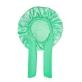 Detail of mint green satin sleep bonnet featuring long adjustable straps and smooth texture - Light Green
