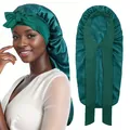 Detail of dark green satin sleep bonnet showing silk texture and decorative bow - Aqua Blue