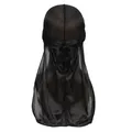 Detail of black silky durag showing long tail knot and mesh splicing on the back - Black