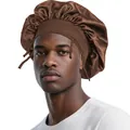 Brown satin sleep cap for men featuring a wide elastic headband and a high-shine finish - One Size / Coffee