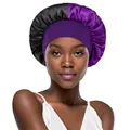 Dual-color satin sleep cap in black and purple with wide elastic headband for hair care - One Size / Purple + Black