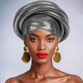 Detail of silver metallic turban with woven texture and gold disc earrings - Dark Gray