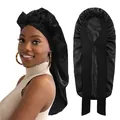 Detailed view of black satin bonnet with long ties and bow for long hair protection - Black