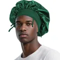 Detail of a dark green satin hair bonnet with wide elastic band and braided drawstring - One Size / Dark Green