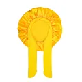 Detail of yellow satin kids sleep bonnet with wide adjustable ribbons on white background - Yellow