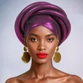 Detail of African purple metallic pleated gele headwrap with large golden disc earrings - Purple