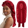 Detail showing smooth wine red satin fabric and long-tail ribbon tie of the hair bonnet - Burgundy