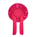Detailed view of magenta satin sleep bonnet with long adjustable straps and elastic edge - Rose Red