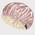 Close-up of double-layered satin hair bonnet showing silky texture and elastic band detail - Champagne And Beige