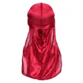 Detail view of red silky durag showing smooth satin texture and long wide straps - Burgundy