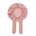 Close-up of pink satin kids bonnet featuring silky texture and adjustable long ribbons - Dusty Pink