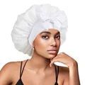 Detailed view of white lace hair bonnet featuring a large decorative bow and wide elastic band - White