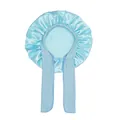 Detail of light blue satin hair bonnet showing the smooth texture and elastic ribbons - Light Blue