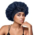 Close-up of a dark blue lace satin sleep cap featuring a large decorative ribbon bow - Navy Blue