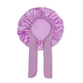 Macro detail of lavender satin sleep cap showing glossy fabric and adjustable tie straps - Light Purple