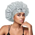 Detailed view of light grey lace sleep bonnet with elegant large ribbon bow decoration - Gray