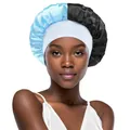Dual-color satin sleep bonnet in sky blue and black with wide white elastic band - One Size / Light Blue + Black