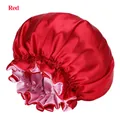 Double-layered red satin sleep cap with light pink lining and elastic ruffled edge - 36CM / Red And Pink