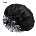 Double-layered silk satin sleep bonnet in black with silver lining and elastic frill rim - 36CM / Black+Grey