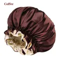 Double-layer coffee and beige satin sleep bonnet with elastic ruffled edge - 36CM / Coffee + Beige