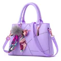 Lavender PU leather handbag with geometric patterns and purple plush ball keychain - Taro Purple