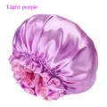 Elastic light purple satin sleep bonnet with double layer ruffle trim hair care cap - 36CM / Light Purple & Pink