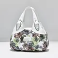 Fashionable women's tote bag with floral print and white leather拼接 detail - White Dreamy Green Flower