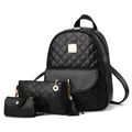 Dreiteiliges schwarzes gestepptes Rucksack-Set aus Kunstleder mit goldenen Beschlägen - Schwarz