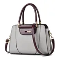 Elegante bolso de mano en cuero gris claro con asas burdeos y herrajes dorados - Gris