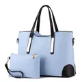 Light blue crocodile pattern tote bag set with matching clutch and golden metal accents - Sky Blue