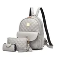Hellgraues 3-teiliges gestepptes Taschen-Set mit Rucksack, Clutch und Kartenhalter aus Leder - Grau