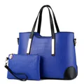 Royal blue tote bag and pouch set with crocodile pattern and golden metal bars - Blue