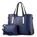 Deep blue crocodile embossed tote bag and envelope clutch set with gold hardware - Dark Blue