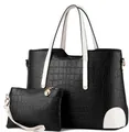 Elegant black crocodile pattern tote bag set with matching small zipper pouch - Black