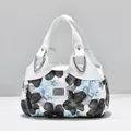 Women stylish handbag in white with blue floral print and silver metal hardware - White - Dream Blue Floral