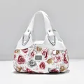 White handbag featuring elegant rose floral patterns and premium leather handles - White - Rose Floral