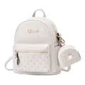 Detail view of white quilted leather backpack with gold studs and mini coin purse - White