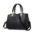 Classic black embroidered handbag with woven texture panels and golden hardware - Woven Black