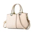 Beige quilted leather tote bag for women with woven detail and golden hardware - Woven Khaki