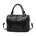 Classic black Boston style leather handbag with gold hardware and adjustable strap - Black