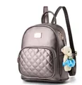 Metallic grey quilted mini backpack for women featuring a cute teddy bear charm - Bronze