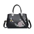Borsa a mano nera classica con ricami floreali di api e fibbie in argento per donna - Stile 1 (Ricamo Margherita e Ape) / Nero