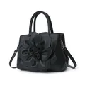 Elegant black PU leather handbag with 3D floral accent and adjustable shoulder strap - Large Flower Style / Black